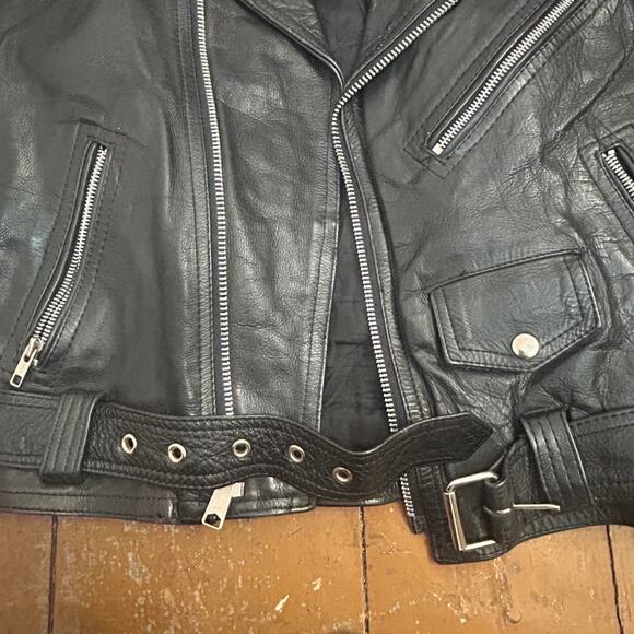 VINTAGE BLACK LEATHER Cropped Biker Jacket - Picture 2 of 4